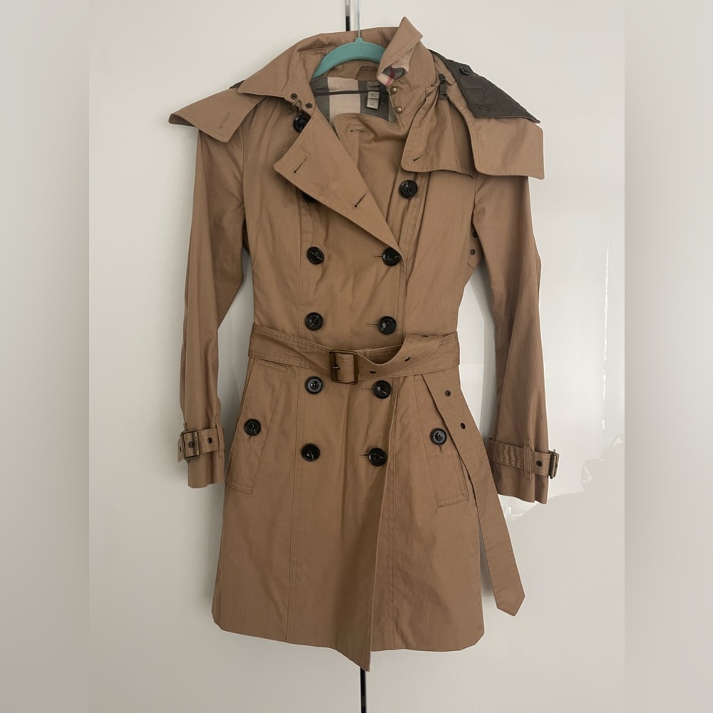 Burberry Brit Short Trench Coat with removable hood.